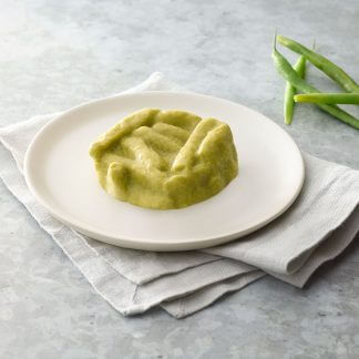 Thick and Easy Shaped Pureed Frozen green beans on a table