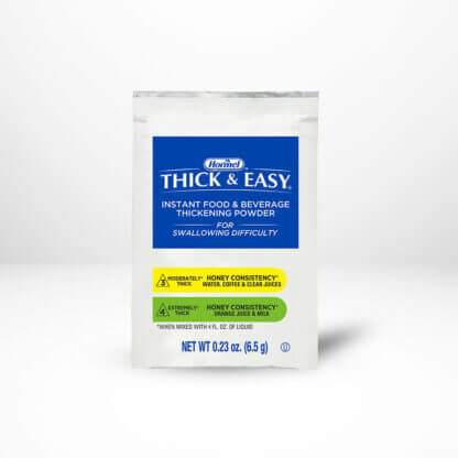 Thick & Easy Instant Food and Beverage Thickener Level 3 & 4 / honey 6.5 oz packet on a white table