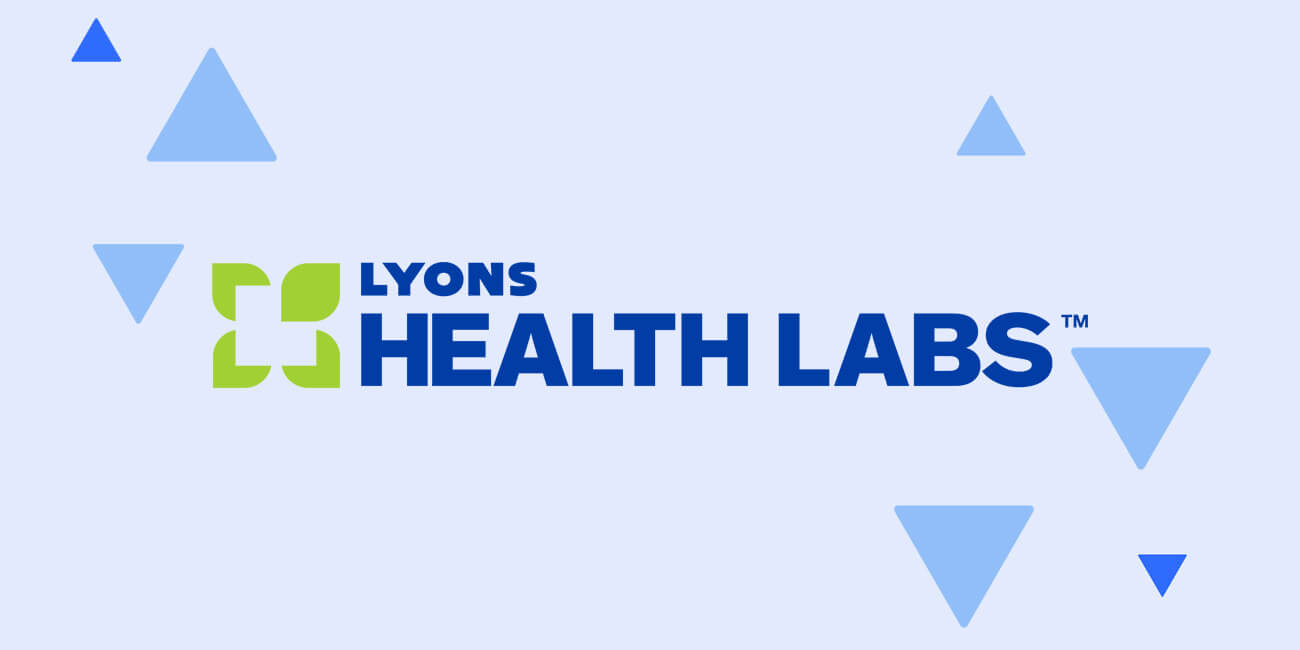 Lyons Health Labs logo on blue background with triangles