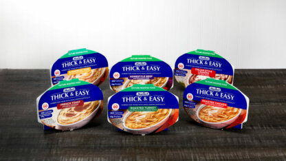 A group of Thick and Easy Pureed meals sitting on a table